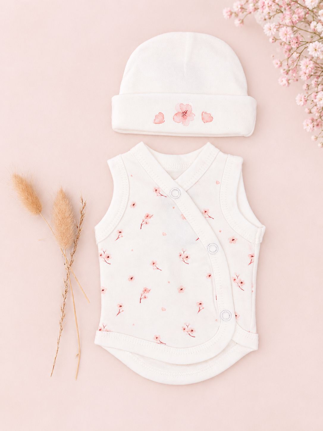 Cherry Blossom Vest & Hat Set - Organic Cotton