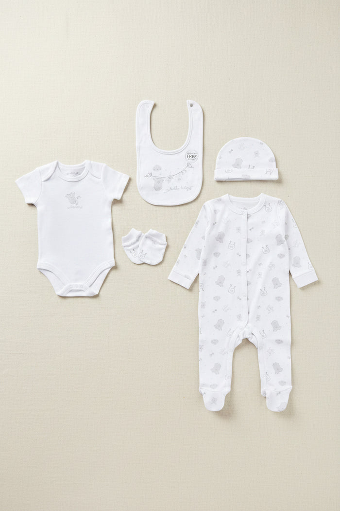 'Hello Baby Teddy Bear' 5 Piece Layette Gift Set - 3 sizes.
