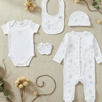 'Hello Baby Teddy Bear' 5 Piece Layette Gift Set - 3 sizes. Set Rock a Bye Baby 
