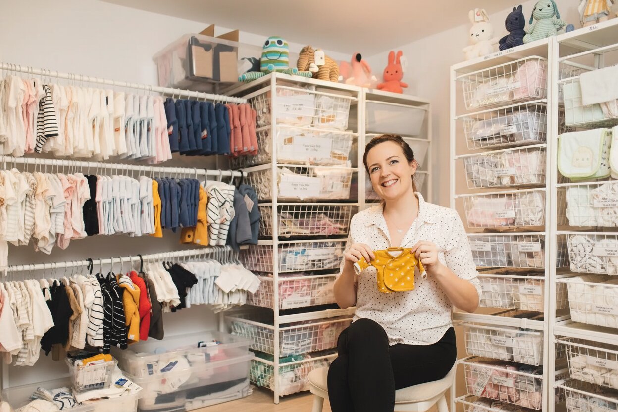 Woman in a room filled with shelves and storage units containing baby clothes and items.