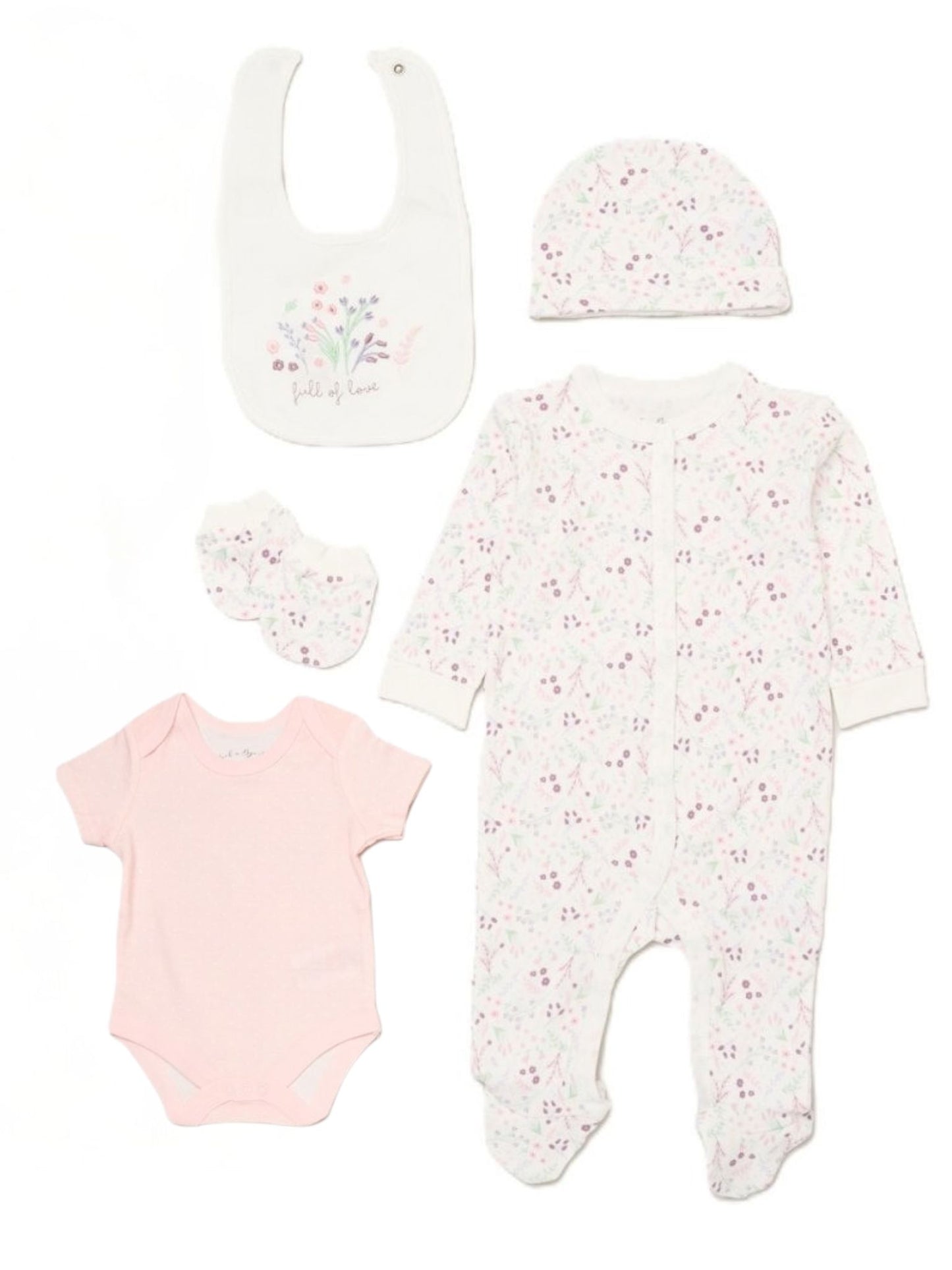 Floral 'Full of Love' 5 Piece Layette Gift Set - 3 sizes. Set Rock a Bye Baby 