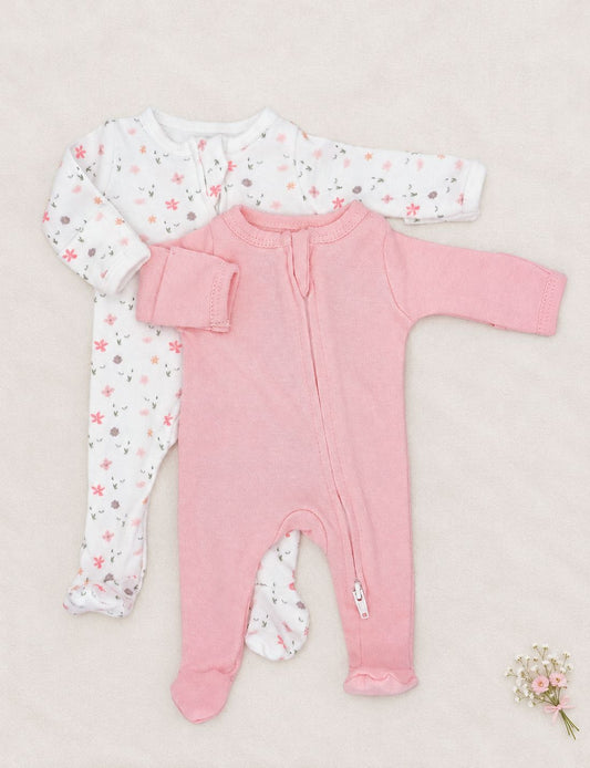 2 Pack Zipped Sleepsuits - Pink Floral