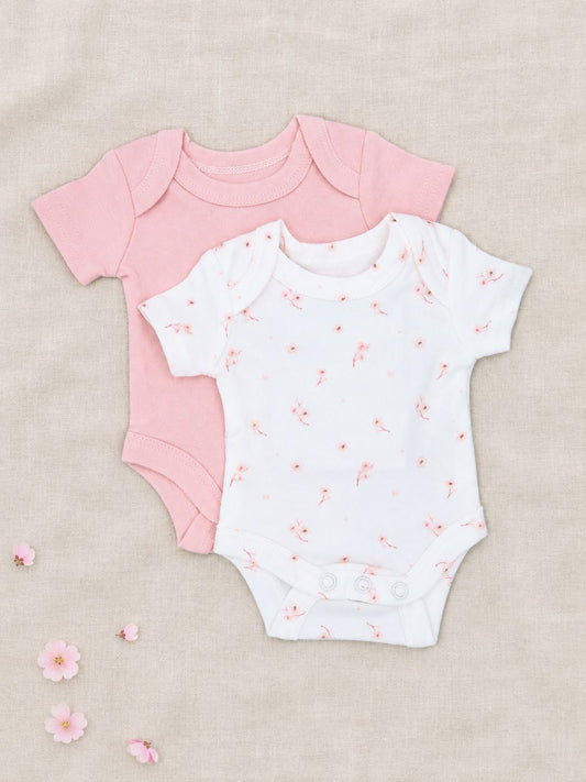 Cherry Blossom & Pink Tiny Baby Vest 2 Pack, Organic Cotton