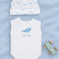 Organic Cotton Hat & Incubator Vest Set with 'Loved' Narwhal Print.