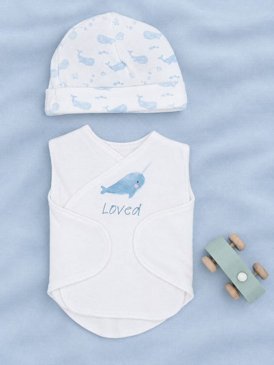 Organic Cotton Hat & Incubator Vest Set with 'Loved' Narwhal Print.