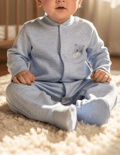 Early Baby Footed Sleepsuit, Cute Hippo Design - Blue Sleepsuit / Babygrow EEVI 