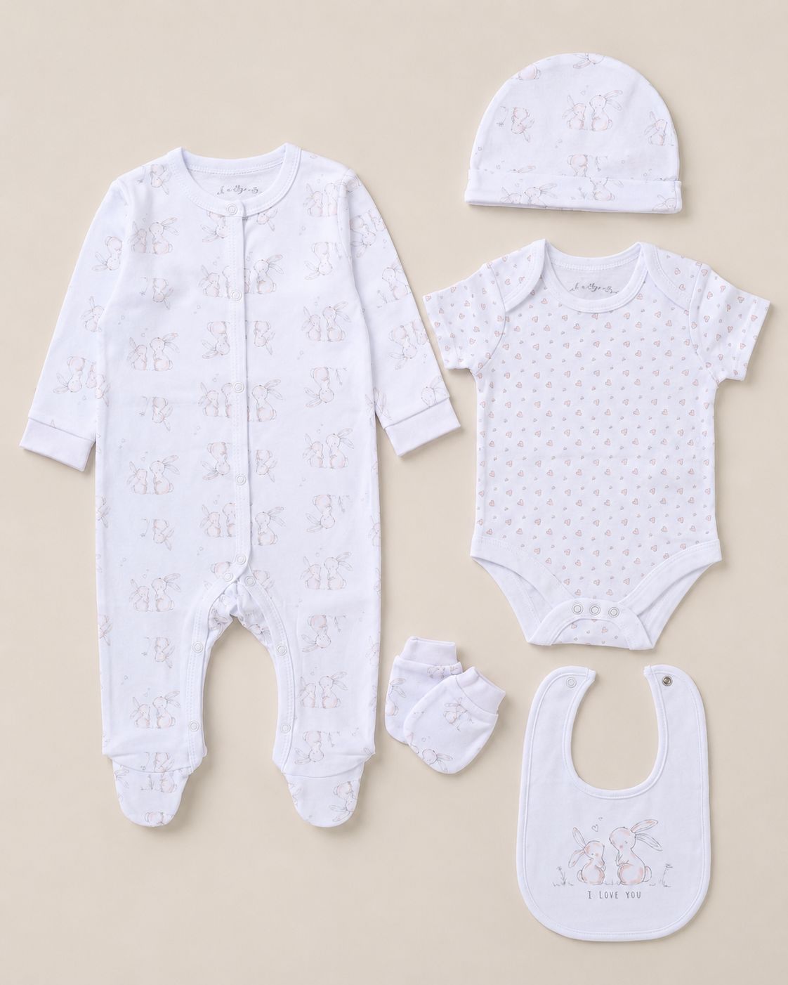 "I Love You" Rabbit design 5 Piece Layette Gift Set - 3 sizes. Set Rock a Bye Baby 
