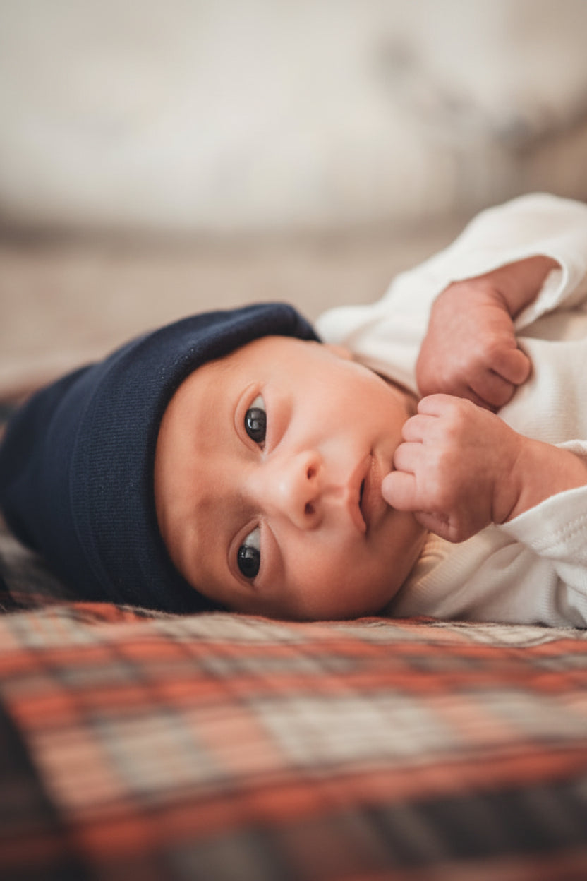 Newborn baby wearing a blue hat lying on a plaid blanket