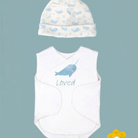 BUNDELS DONE - Organic Cotton Baby Hat & Incubator Vest Set with 'Loved' Narwhal Print | Premature Baby NICU Clothing Bodysuit / Vest Little Dreamer 