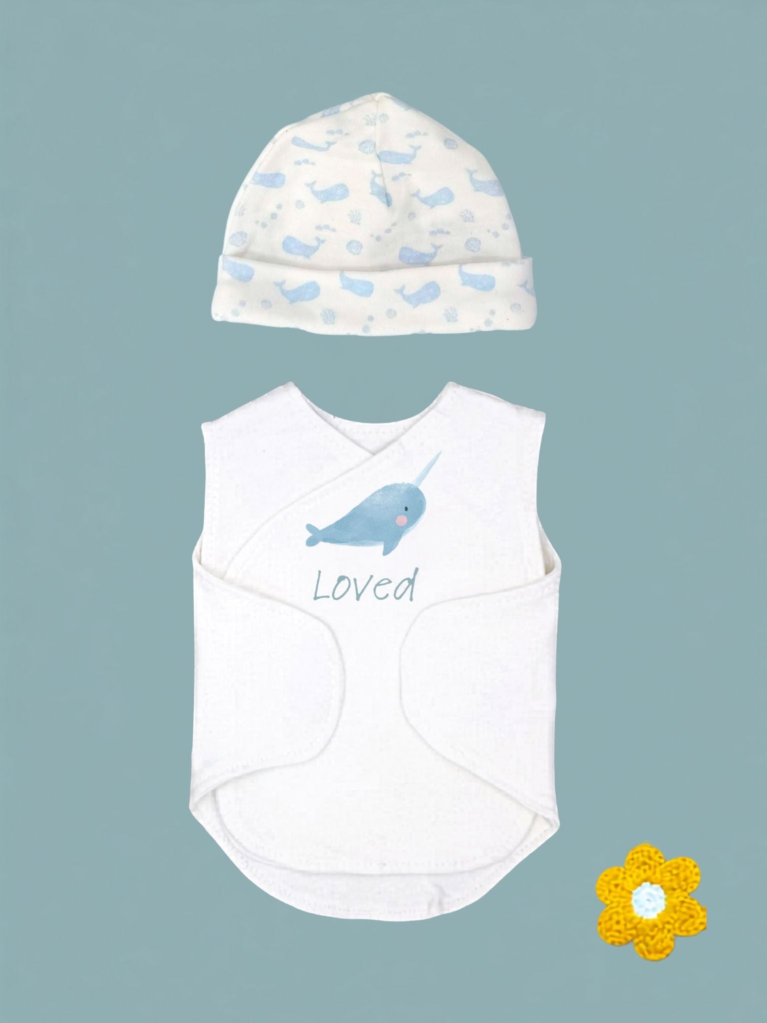 BUNDELS DONE - Organic Cotton Baby Hat & Incubator Vest Set with 'Loved' Narwhal Print | Premature Baby NICU Clothing Bodysuit / Vest Little Dreamer 