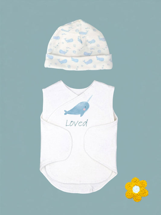 BUNDELS DONE - Organic Cotton Baby Hat & Incubator Vest Set with 'Loved' Narwhal Print | Premature Baby NICU Clothing Bodysuit / Vest Little Dreamer 