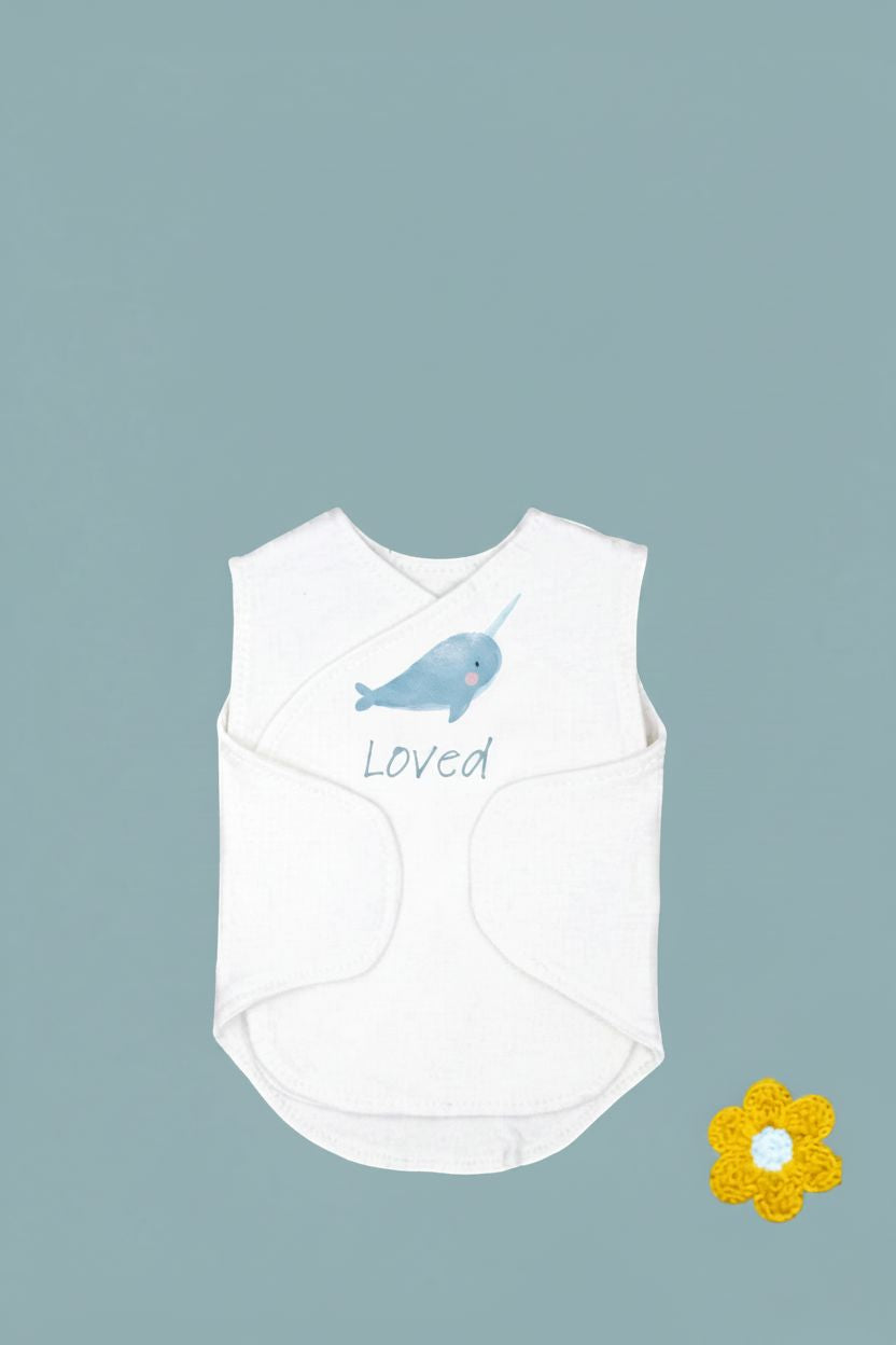 BUNDELS DONE - Organic Cotton Baby Hat & Incubator Vest Set with 'Loved' Narwhal Print | Premature Baby NICU Clothing Bodysuit / Vest Little Dreamer 