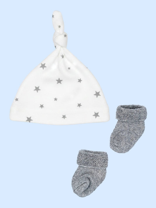 Premature Baby Knotted Hat and Towelling Socks Set - Grey Stars Hat, Mitts & Booties Set Little Mouse Baby Clothing & Gifts 