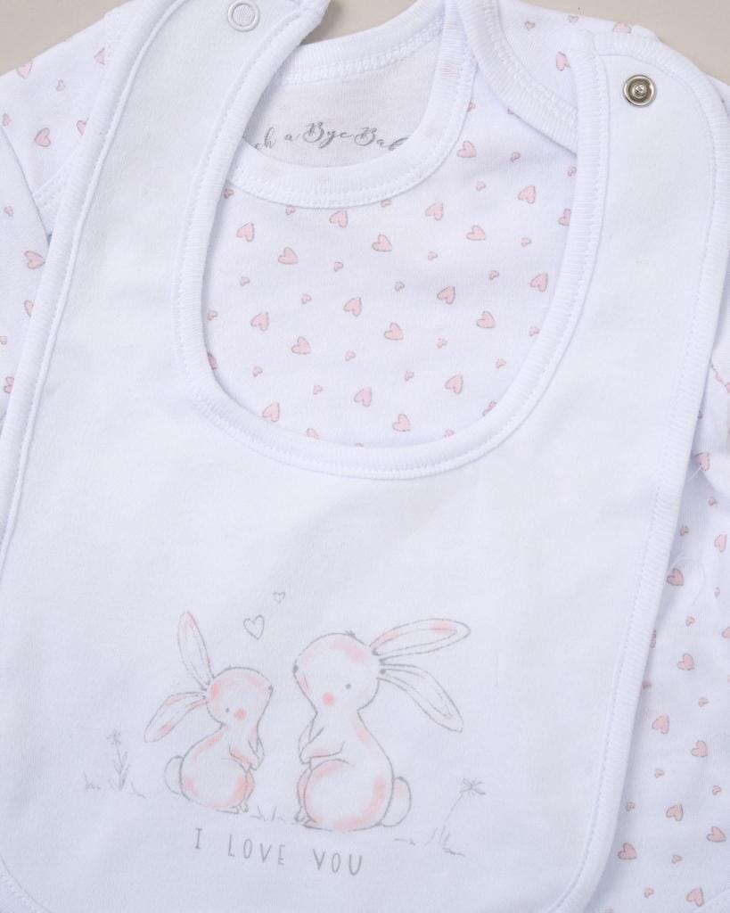 "I Love You" Rabbit design 5 Piece Layette Gift Set - 3 sizes. Set Rock a Bye Baby 