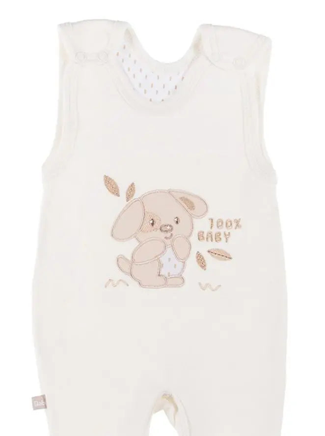 Early Baby Footed Dungarees, Embroidered Puppy Design - Cream EEVI