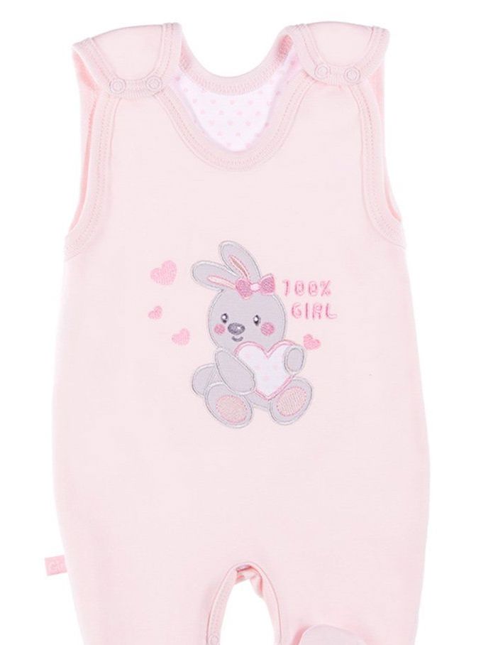Early Baby Footed Dungarees, Embroidered Bunny Design - Pink EEVI
