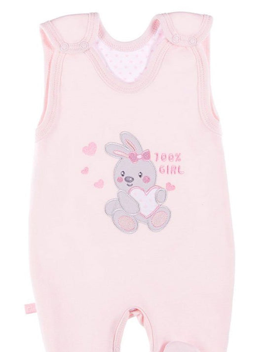Early Baby Footed Dungarees, Embroidered Bunny Design - Pink EEVI