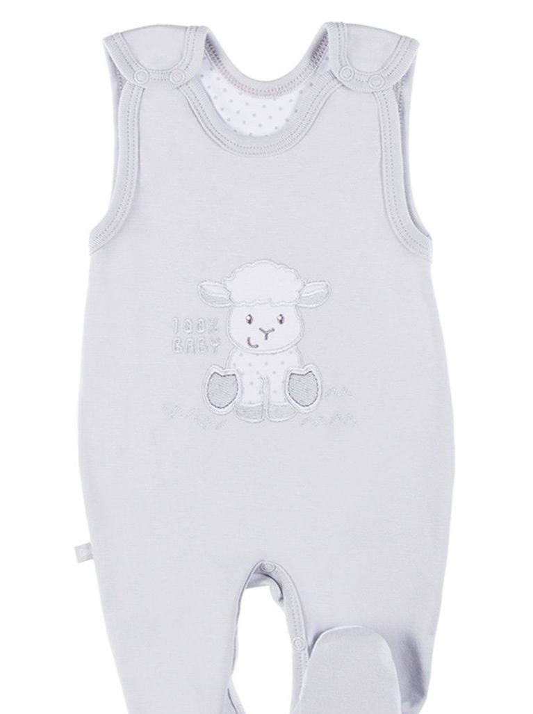 Early Baby Footed Dungarees, Embroidered Lamb Design - Grey EEVI