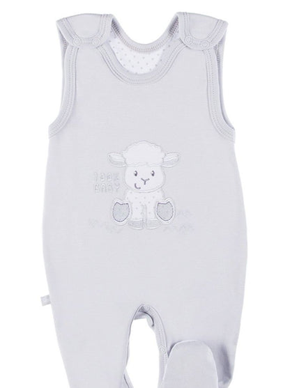 Early Baby Footed Dungarees, Embroidered Lamb Design - Grey EEVI