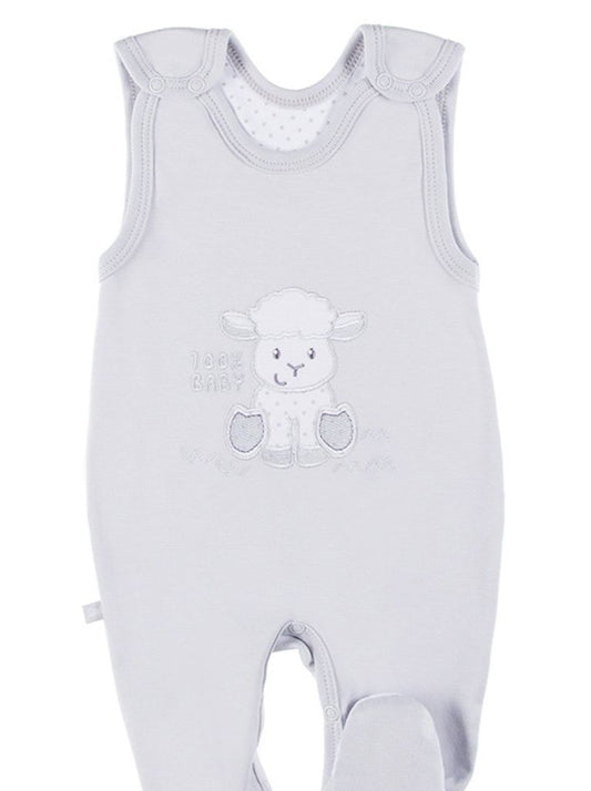 Early Baby Footed Dungarees, Embroidered Lamb Design - Grey EEVI