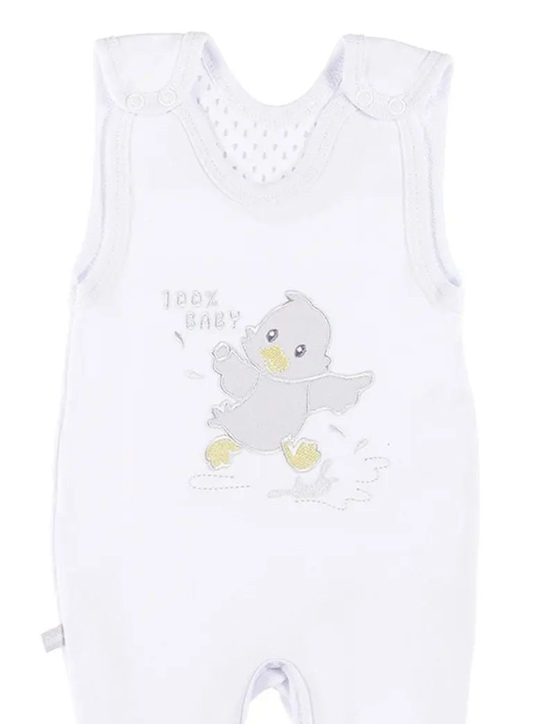 Early Baby Footed Dungarees, Embroidered Chick Design - White EEVI