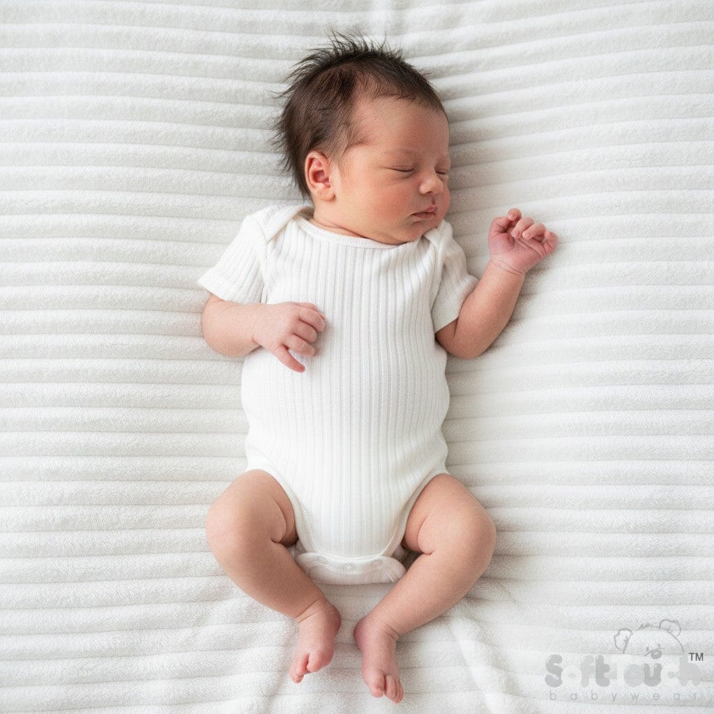 Cream Ribbed Capped Sleeved Bodysuit - 100% Cotton Sleepsuit / Babygrow Soft Touch 