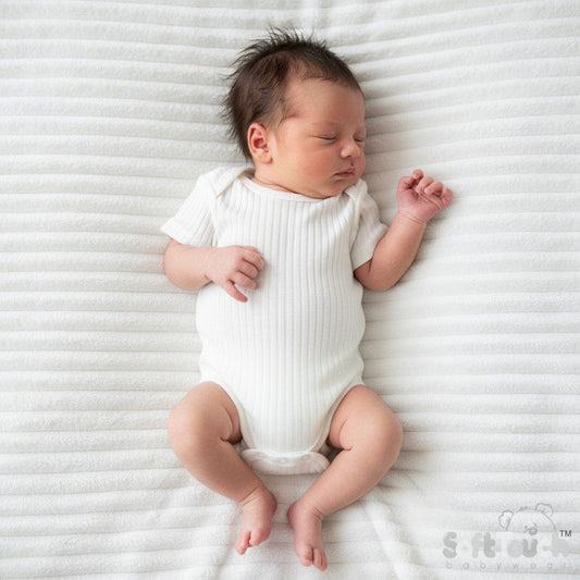 Cream Ribbed Capped Sleeved Bodysuit - 100% Cotton Sleepsuit / Babygrow Soft Touch 