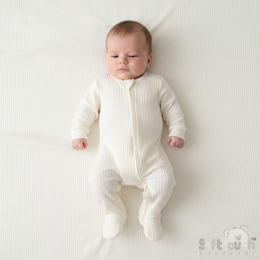 Cream Ribbed Sleepsuit - 100% Cotton Sleepsuit / Babygrow Soft Touch 