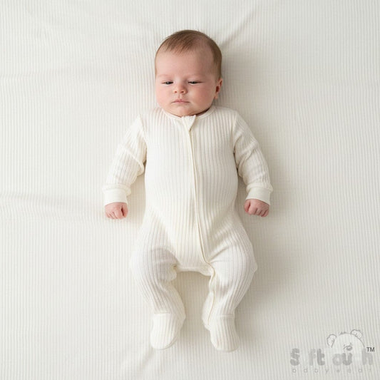 Cream Ribbed Sleepsuit - 100% Cotton Sleepsuit / Babygrow Soft Touch 