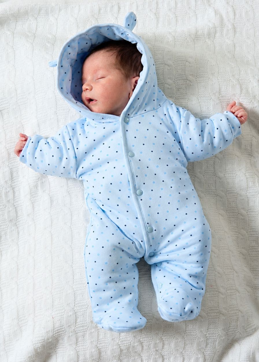 A sleeping newborn baby wearing a light blue hooded one-piece snowsuit with small dark polka dots, lying on a textured white blanket.