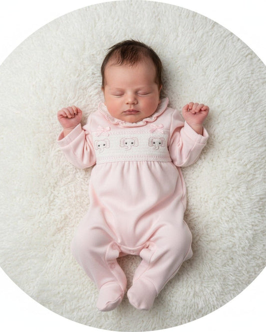 Baby Pink Smocked "Elephant" All In One Sleepsuit / Babygrow Tiny Chick 