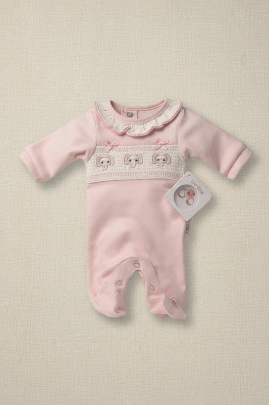 Baby Pink Smocked "Elephant" All In One Sleepsuit / Babygrow Tiny Chick 