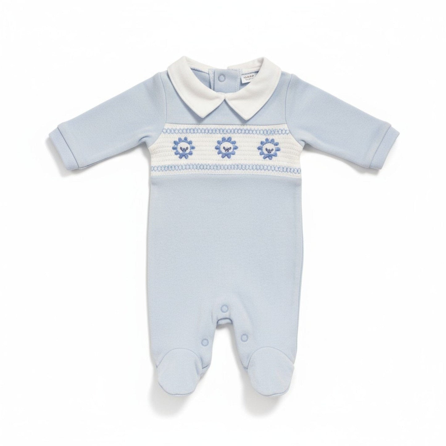 Sky Blue Smocked "Lion" All In One Sleepsuit / Babygrow Tiny Chick 