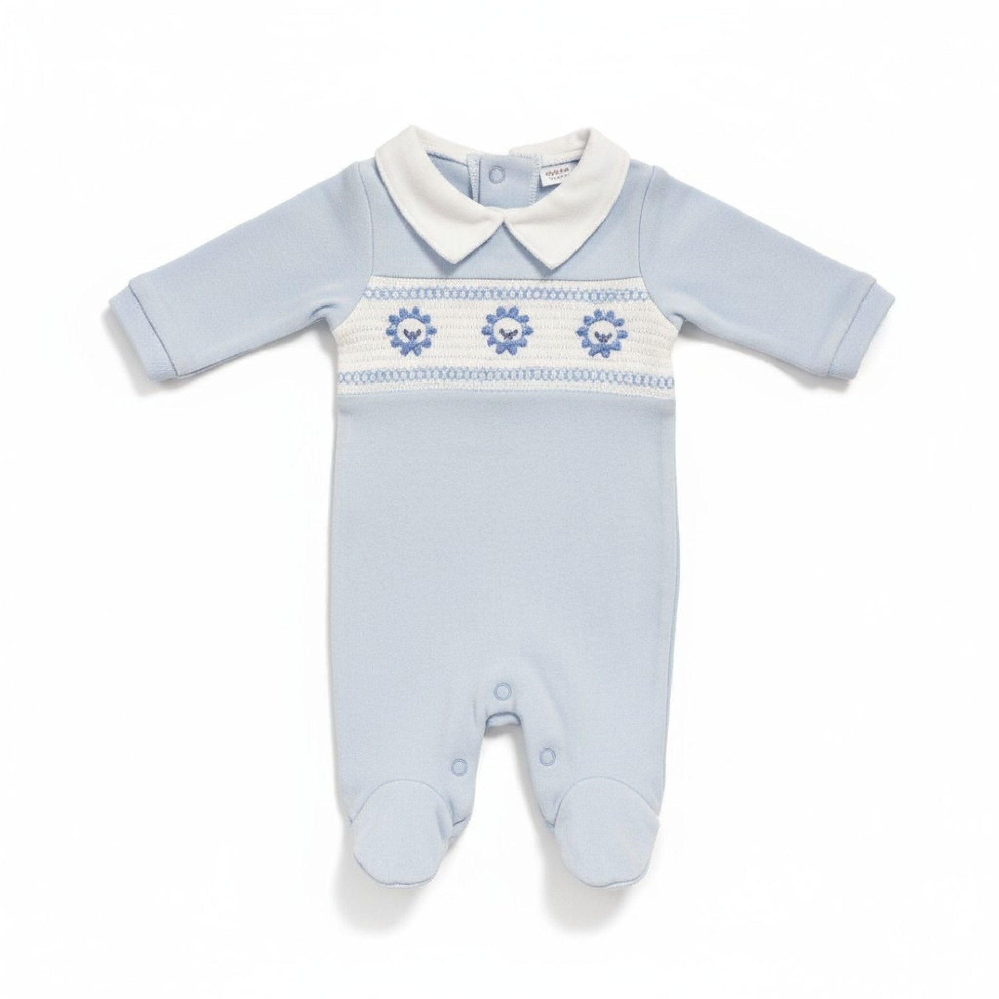 Sky Blue Smocked "Lion" All In One Sleepsuit / Babygrow Tiny Chick 