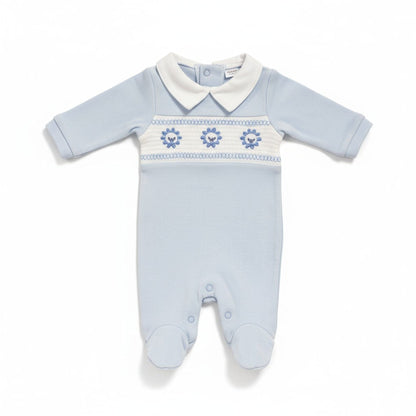 Sky Blue Smocked "Lion" All In One Sleepsuit / Babygrow Tiny Chick 