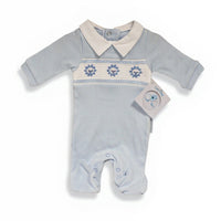 Sky Blue Smocked "Lion" All In One Sleepsuit / Babygrow Tiny Chick 