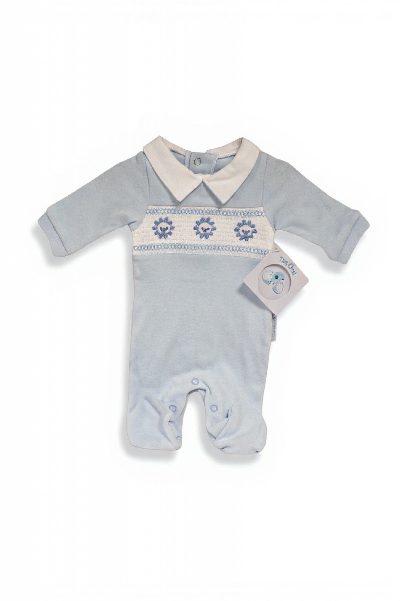 Sky Blue Smocked "Lion" All In One Sleepsuit / Babygrow Tiny Chick 