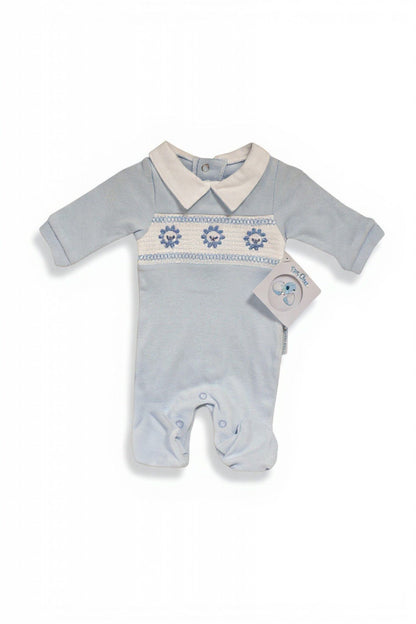 Sky Blue Smocked "Lion" All In One Sleepsuit / Babygrow Tiny Chick 
