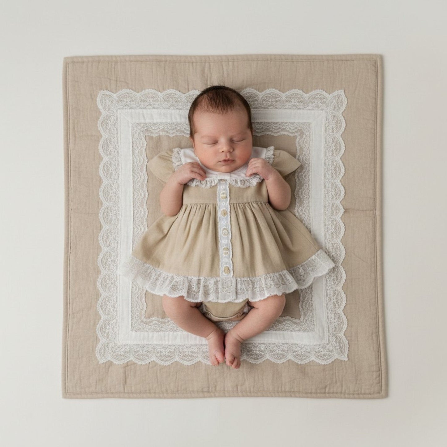 Premature Taupe Baby Lace and Linen Dress Set