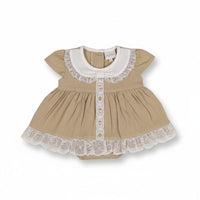 Premature Taupe Baby Lace and Linen Dress Set