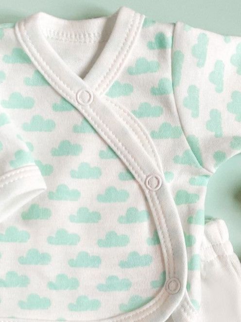 Premature Baby Set, Wrap Top & Trousers, Mint Cloud, 100% Organic Cotton Tiny & Small