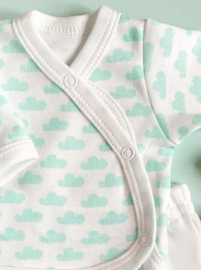 Premature Baby Set, Wrap Top & Trousers, Mint Cloud, 100% Organic Cotton Tiny & Small