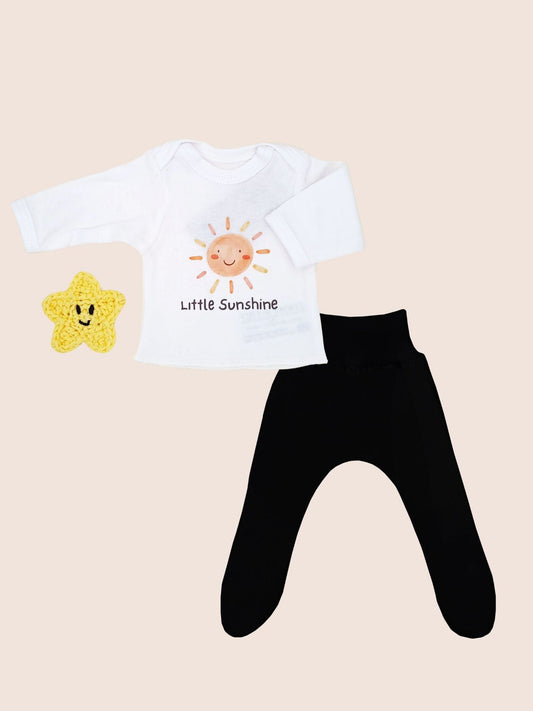 2 Piece Wrap Top & Black Trouser Set, Little Sunshine Top & Trousers Tiny & Small 
