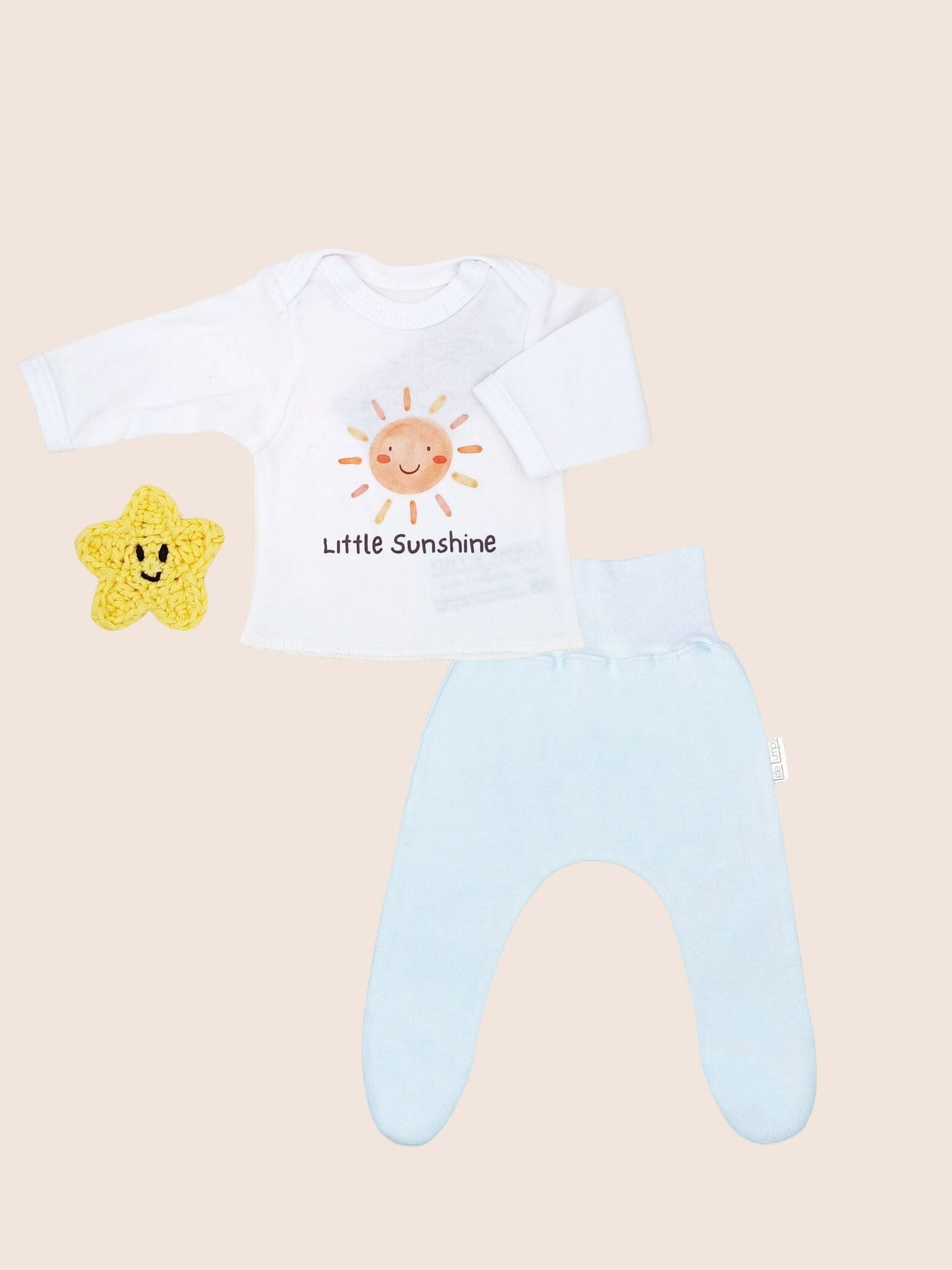 2 Piece Wrap Top & Blue Trouser Set, Little Sunshine Top & Trousers Tiny & Small 