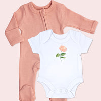 Dusky Pink Zipped Sleepsuit & Hydrangea Motif Bodysuit Set. Set Little Dreamer 