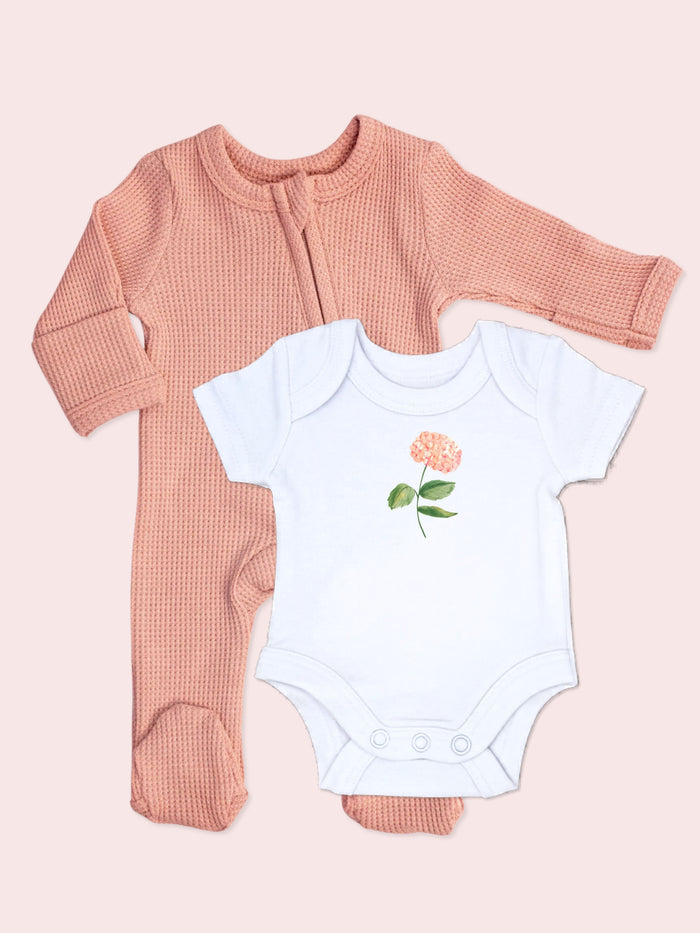 Dusky Pink Zipped Sleepsuit & Hydrangea Motif Bodysuit Set.