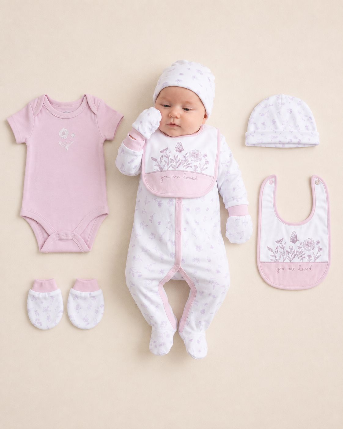 Floral 'You Are Loved' 5 Piece Layette Gift Set - 3 sizes. Set Rock a Bye Baby 