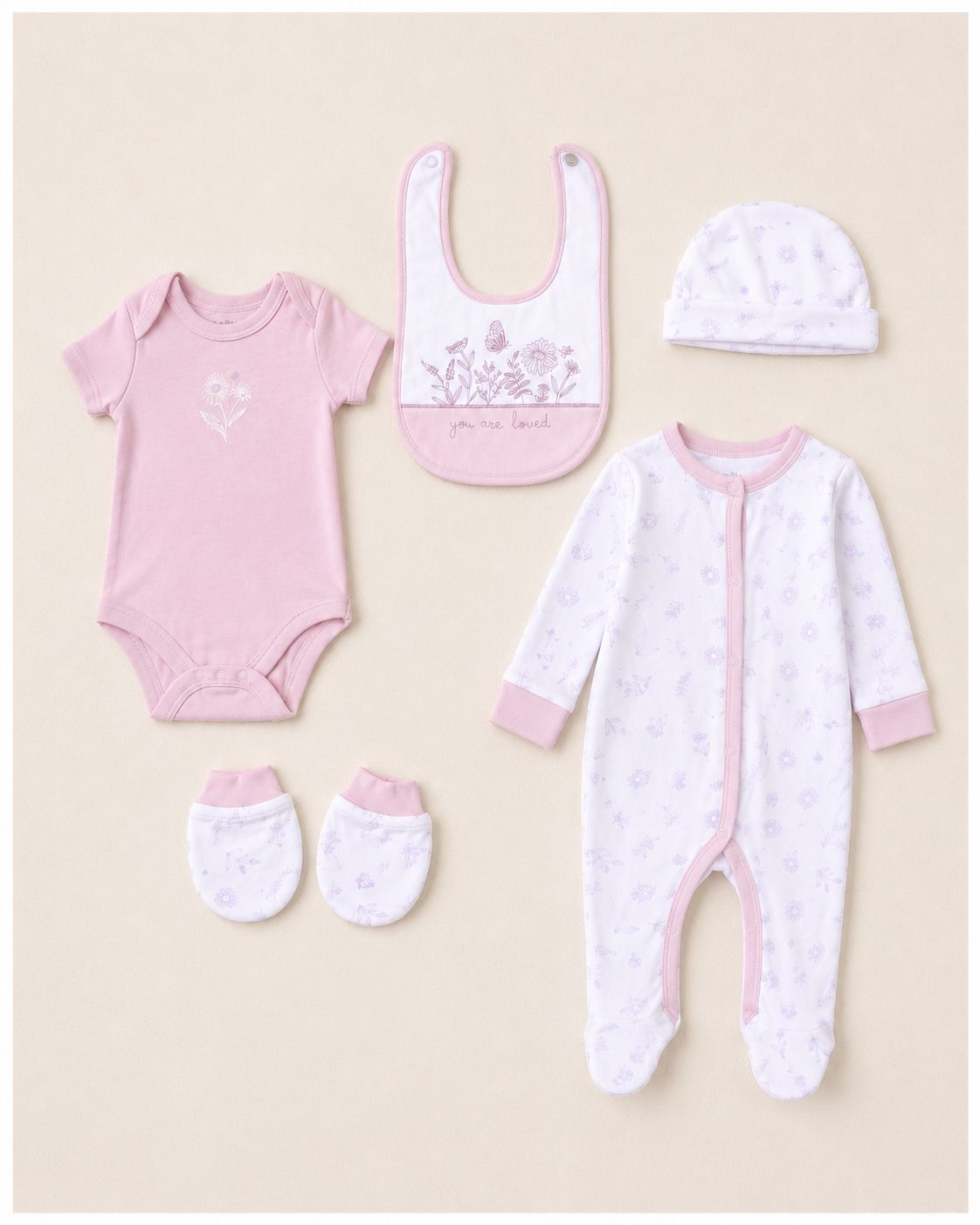 Floral 'You Are Loved' 5 Piece Layette Gift Set - 3 sizes. Set Rock a Bye Baby 
