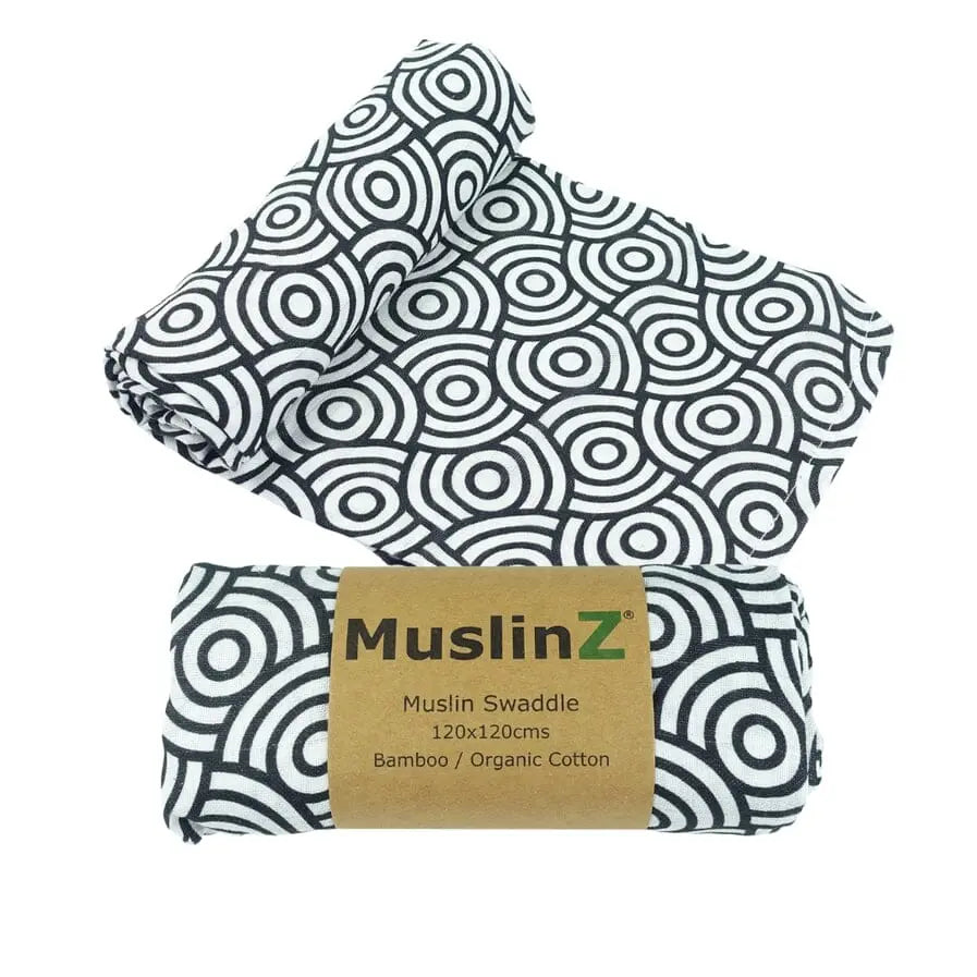 MuslinZ Bamboo/Organic Cotton Swaddle Blanket Black Swirl - 120x120cm Muslin Muslinz 