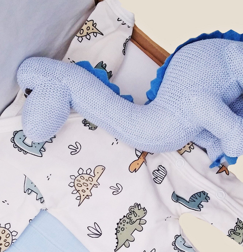 Baby clothing with dinosaur patterns and a blue knitted dino toy on top